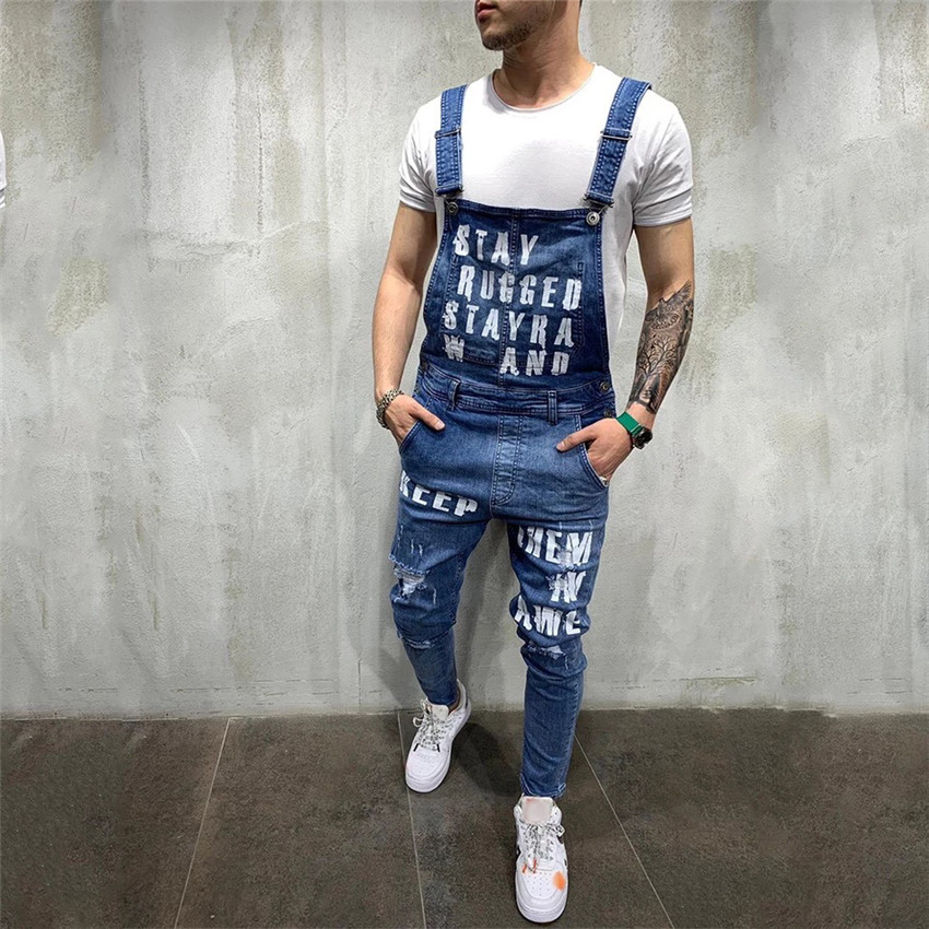 Fashion Men&apos;s Ripped Jeans Jumpsuits Ankle Length Letter printing Distressed Denim Trousers