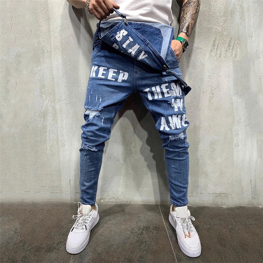 Fashion Men&apos;s Ripped Jeans Jumpsuits Ankle Length Letter printing Distressed Denim Trousers