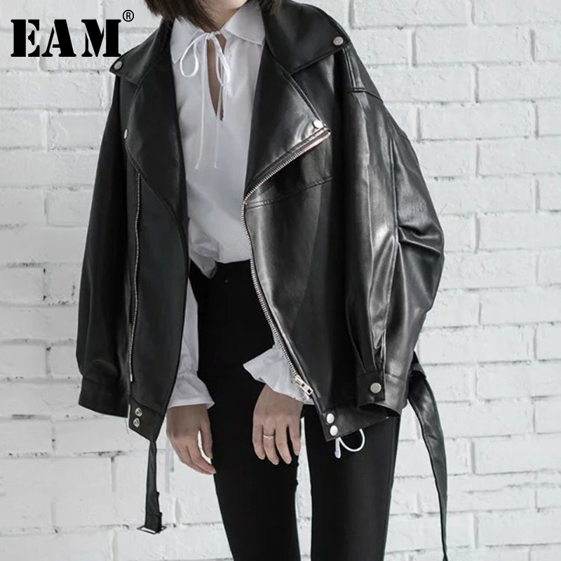 [EAM] High Quality 2021 Spring Black PU Leather Loose Turn-down Collar Jackets
