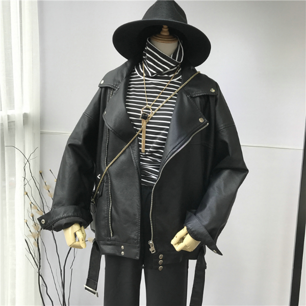 [EAM] High Quality 2021 Spring Black PU Leather Loose Turn-down Collar Jackets