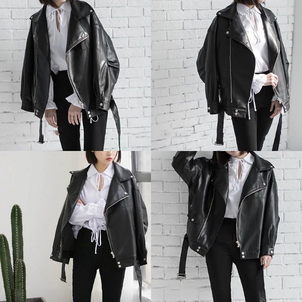 [EAM] High Quality 2021 Spring Black PU Leather Loose Turn-down Collar Jackets