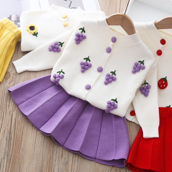 Kids Clothing Sets Autumn Girl'S Sets Sweater Fruit Top + Pleated Skirt New Baby Girls Dresses