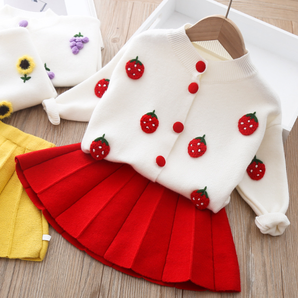 Kids Clothing Sets Autumn Girl'S Sets Sweater Fruit Top + Pleated Skirt New Baby Girls Dresses