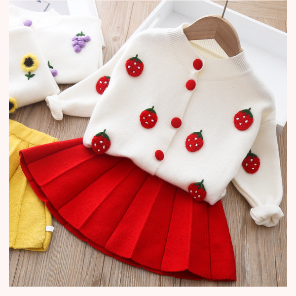 Kids Clothing Sets Autumn Girl'S Sets Sweater Fruit Top + Pleated Skirt New Baby Girls Dresses