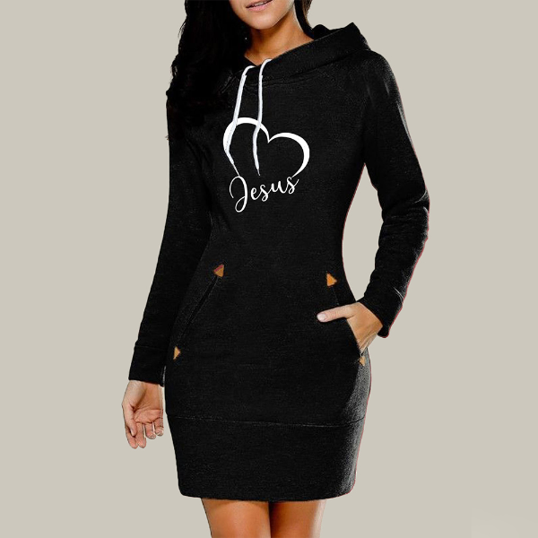 2021 Autumn and Winter Ladies Knee-Length Dress Hooded Warm Sweatshirt Long Sleeve Camp Dresses