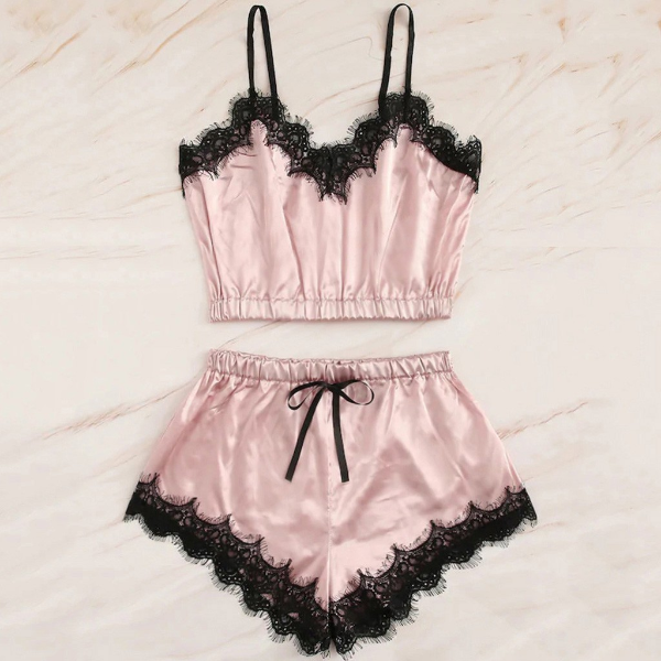 Pyjamas Women Sleepwear Sleeveless Strap Nightwear Lace Trim Satin Cami Top Pajama Sleepwear