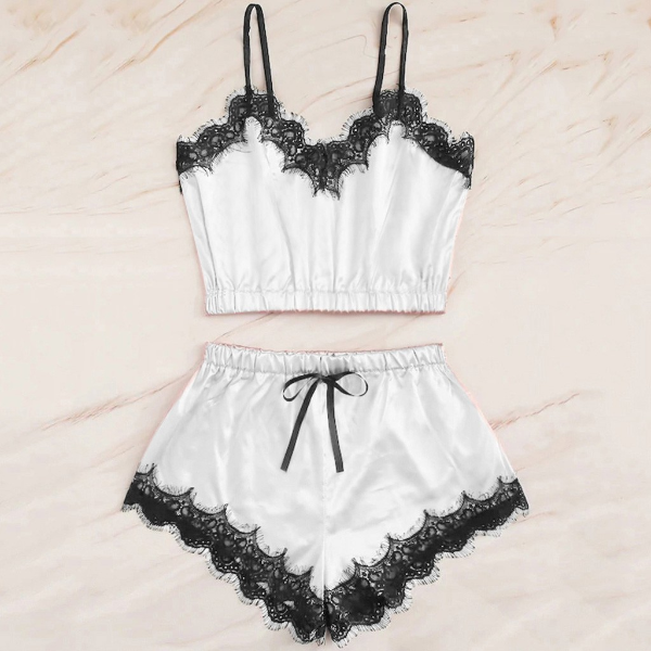 Pyjamas Women Sleepwear Sleeveless Strap Nightwear Lace Trim Satin Cami Top Pajama Sleepwear