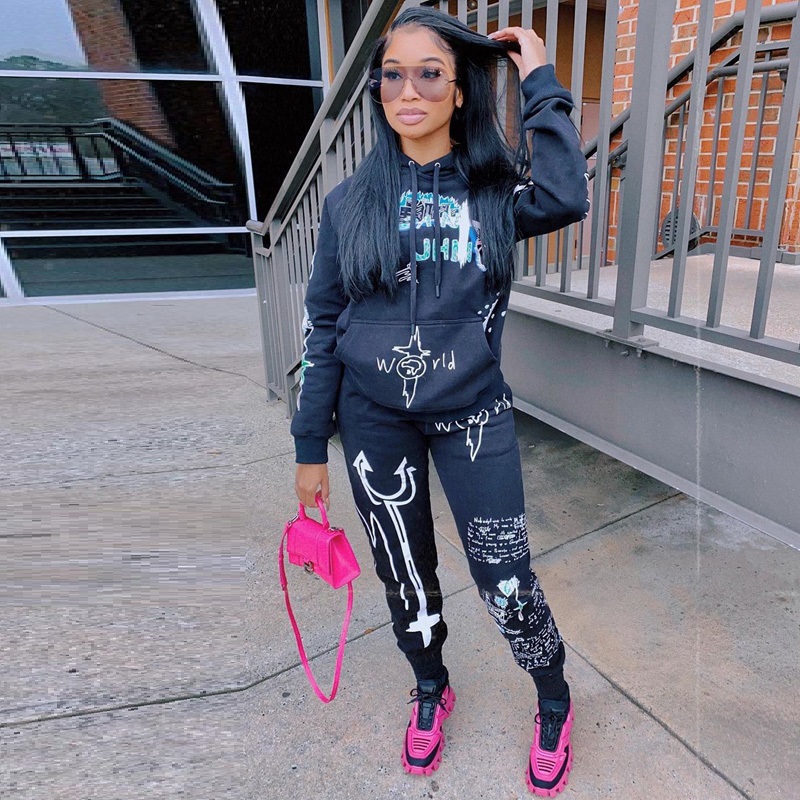 Graffiti Streetwear winter warm Two Piece Set Women Tracksuit Female Hoodies+Pants Women Matching   Suits & Separates