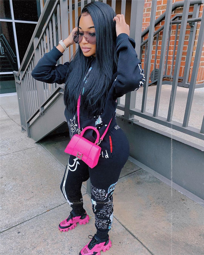 Graffiti Streetwear winter warm Two Piece Set Women Tracksuit Female Hoodies+Pants Women Matching   Suits & Separates