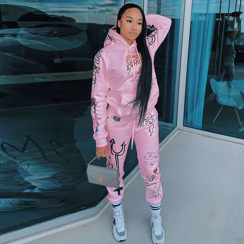 Graffiti Streetwear winter warm Two Piece Set Women Tracksuit Female Hoodies+Pants Women Matching   Suits & Separates