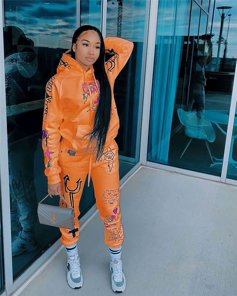 Graffiti Streetwear winter warm Two Piece Set Women Tracksuit Female Hoodies+Pants Women Matching   Suits & Separates