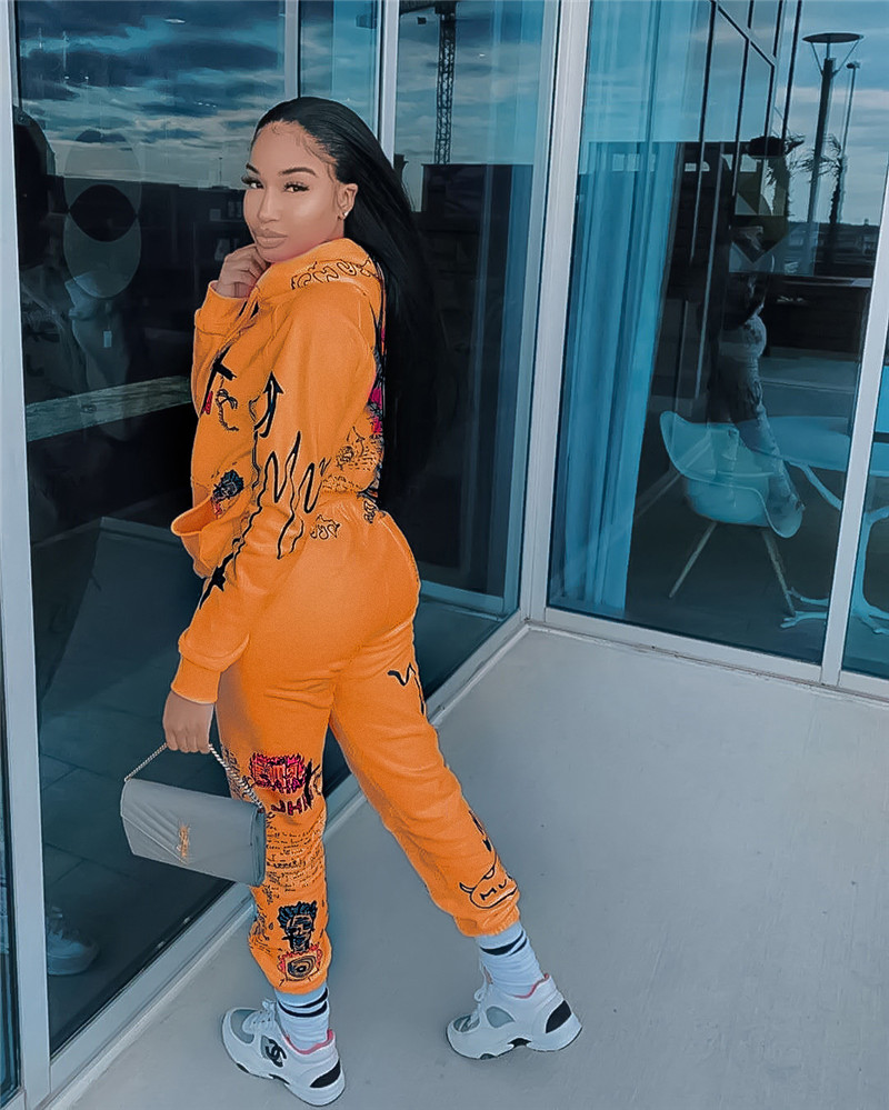 Graffiti Streetwear winter warm Two Piece Set Women Tracksuit Female Hoodies+Pants Women Matching   Suits & Separates