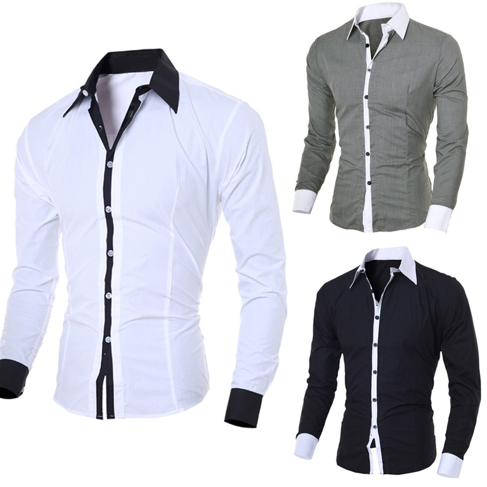 Men White Shirt Patchwork Social Dress Shirt Autumn Spring Solid Long Shirts