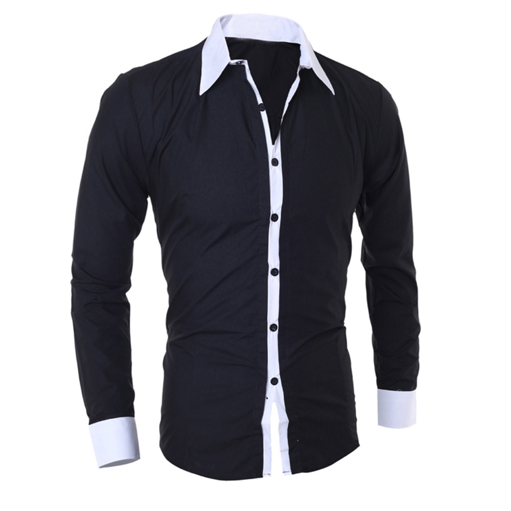 Men White Shirt Patchwork Social Dress Shirt Autumn Spring Solid Long Shirts