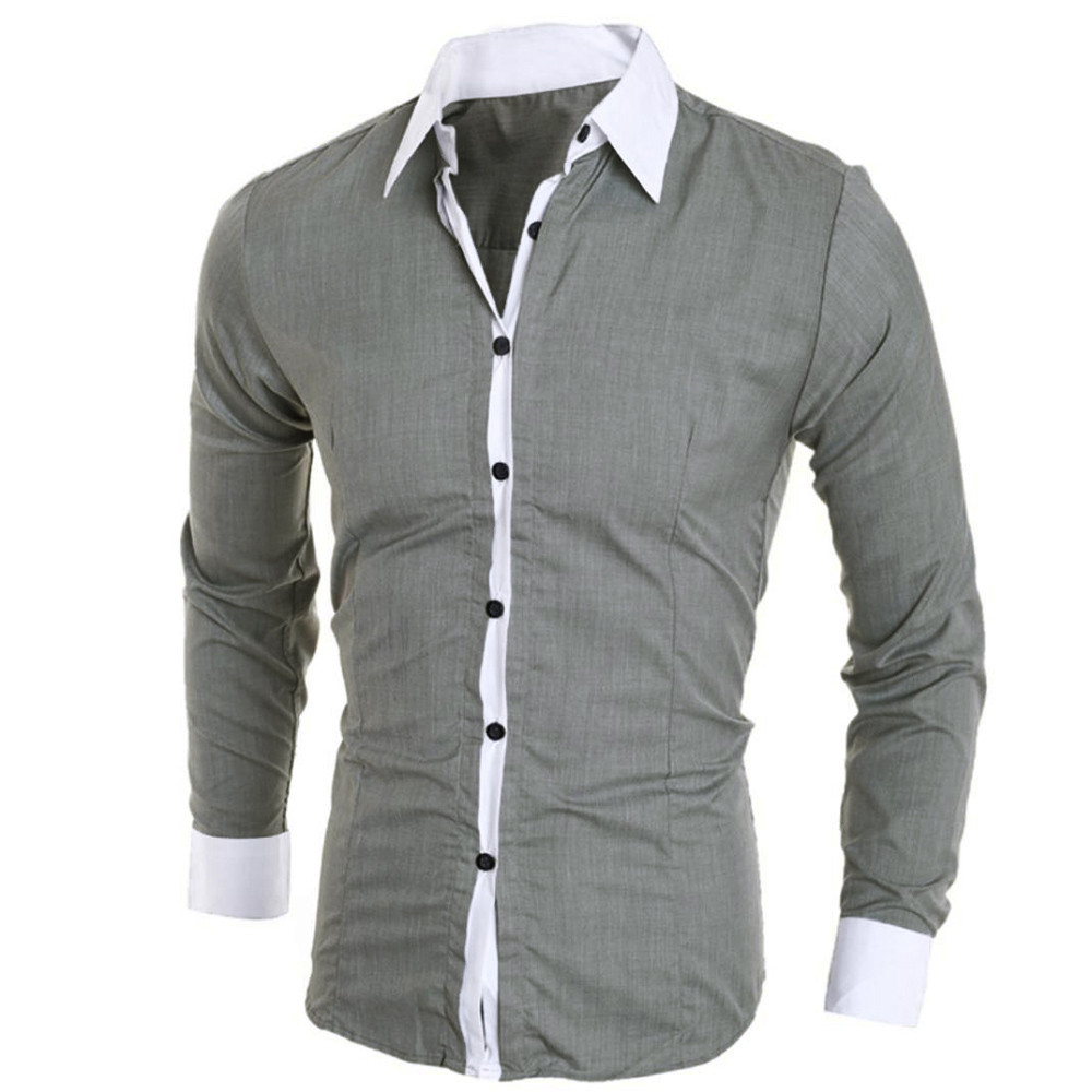 Men White Shirt Patchwork Social Dress Shirt Autumn Spring Solid Long Shirts
