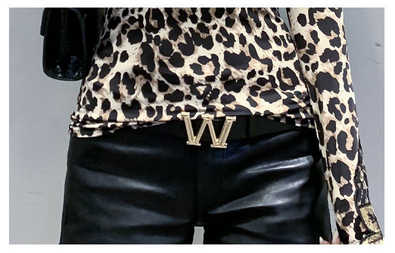 Blouse Women Women's Leopard Print Stud for Autumn and Winter Long-Sleeved Lace Embroidered  Tops