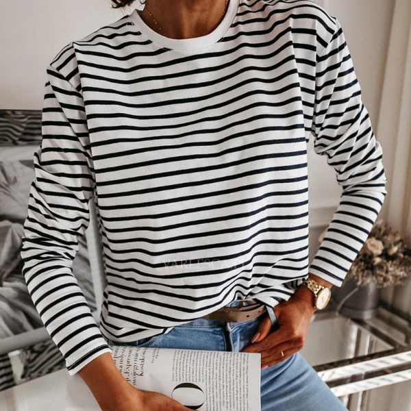 Women Black And White Stripes O Neck Casual Tops Long Sleeve Loose Pullover T-shirt New Fashion Korea Shirt Tops