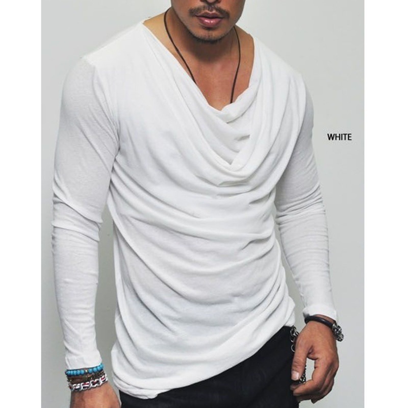 Plus Size Sexy T Shirt Men Spring Long Sleeve Deep V Neck Tshirt Sexy Heap Collar Solid Cotton T-shirts & Polos