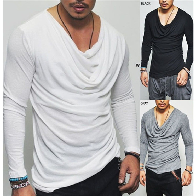 Plus Size Sexy T Shirt Men Spring Long Sleeve Deep V Neck Tshirt Sexy Heap Collar Solid Cotton T-shirts & Polos