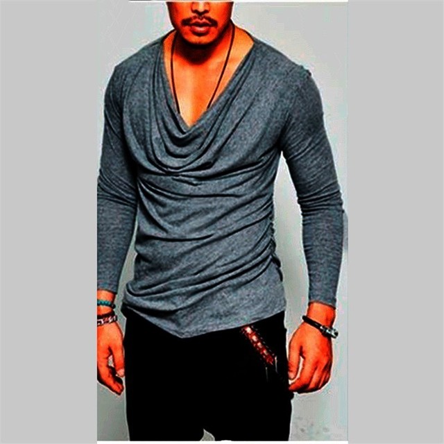 Plus Size Sexy T Shirt Men Spring Long Sleeve Deep V Neck Tshirt Sexy Heap Collar Solid Cotton T-shirts & Polos
