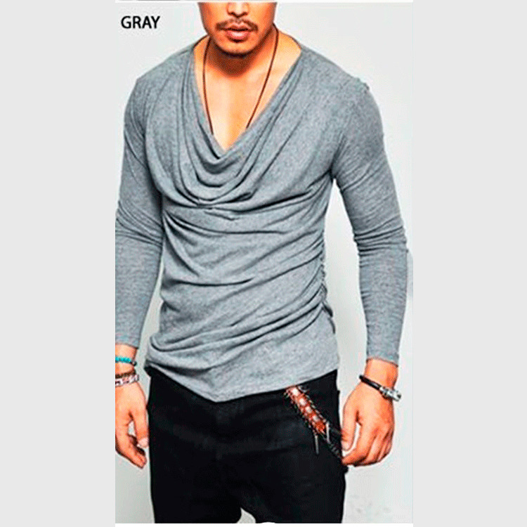Plus Size Sexy T Shirt Men Spring Long Sleeve Deep V Neck Tshirt Sexy Heap Collar Solid Cotton T-shirts & Polos