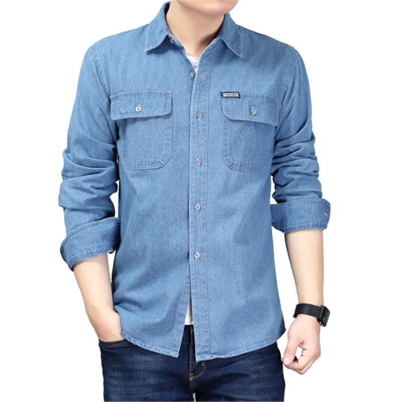 New Autumn Mens Denim Shirt Cotton Jeans Shirt Fashion Slim Long Sleeve Cowboy Shirt Stylish Wash Shirts