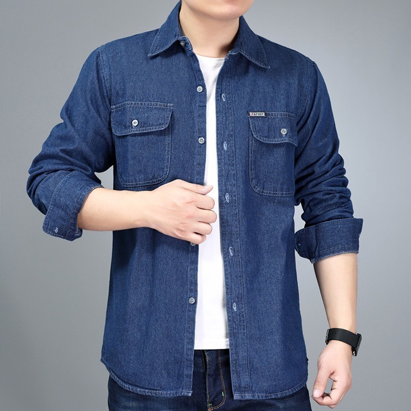New Autumn Mens Denim Shirt Cotton Jeans Shirt Fashion Slim Long Sleeve Cowboy Shirt Stylish Wash Shirts