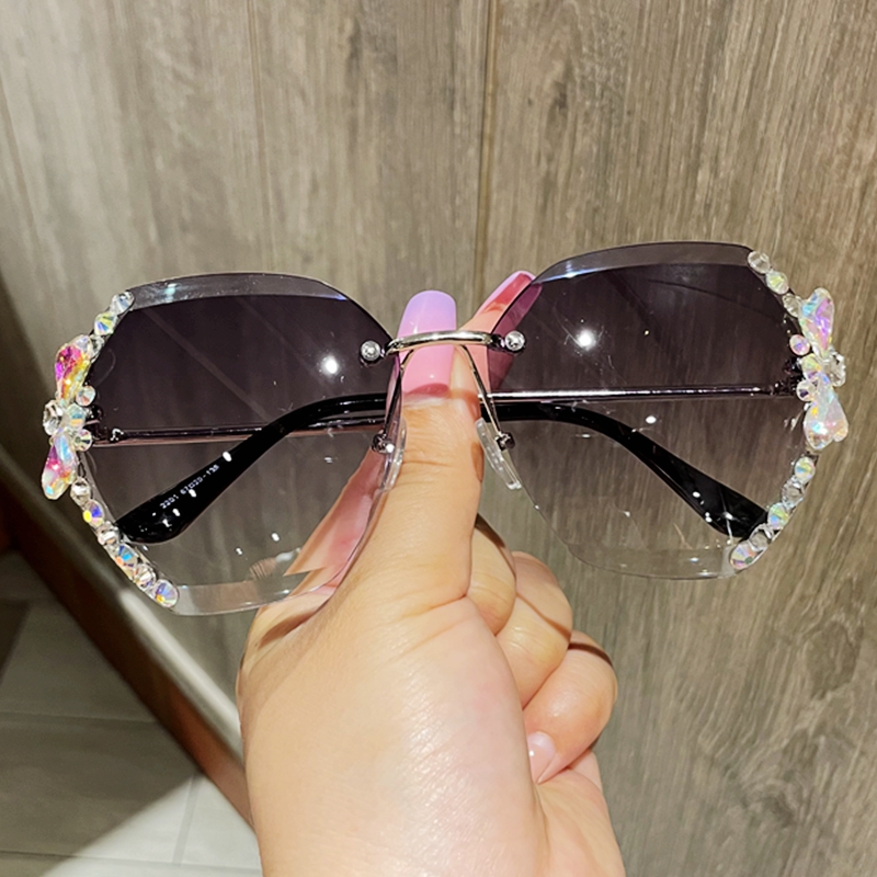 2021 Fashion Brand Design Vintage Rimless Rhinestone Sunglasses Women Men Retro Cutting Lens  Sunglasses