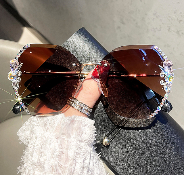 2021 Fashion Brand Design Vintage Rimless Rhinestone Sunglasses Women Men Retro Cutting Lens  Sunglasses