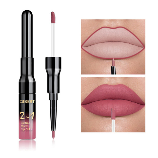 QIBEST Waterproof Lip Gloss Matte Lip Liner 2 in 1 Double Head Long-lasting Lipliner Nude Liquid Lipstick Pen Makeup