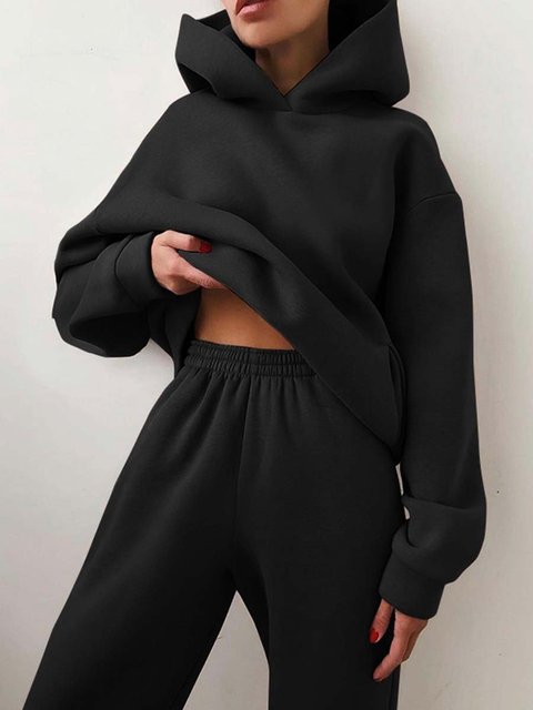 Autumn Winter Women Sweat Suits Crop Top Oversize Hoodies Set  Suits & Separates