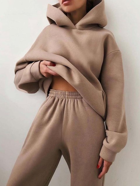 Autumn Winter Women Sweat Suits Crop Top Oversize Hoodies Set  Suits & Separates