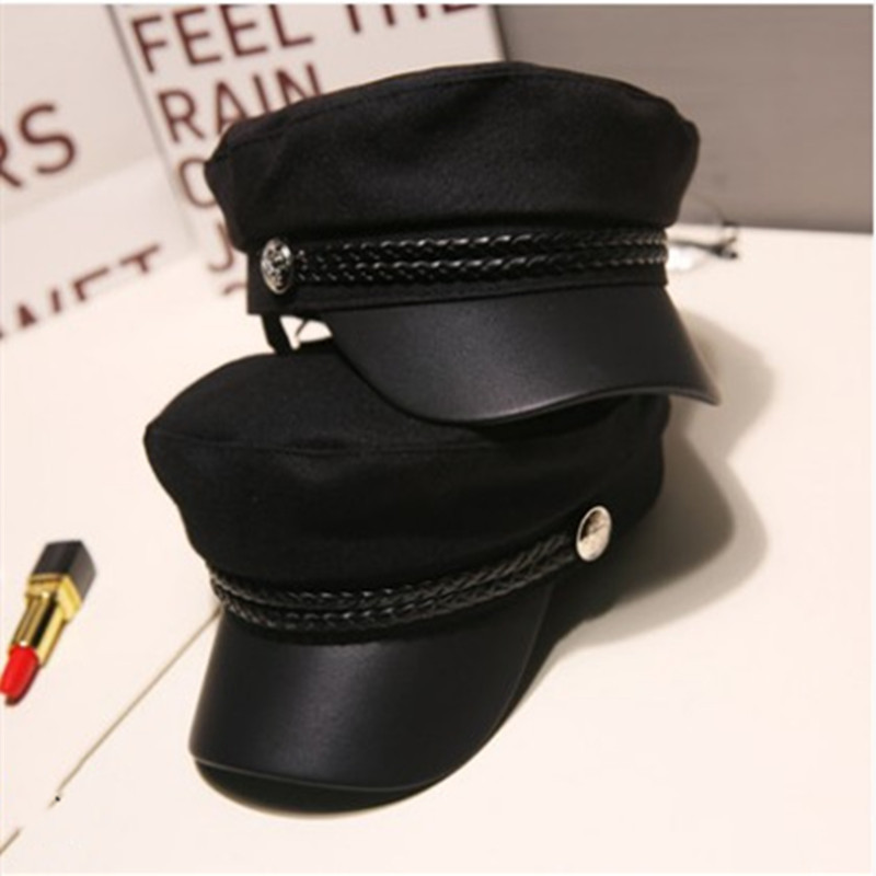 Fashion Unisex PU Leather Military Hat Autumn Sailor Hats for Women Men Black Grey Hats & Caps