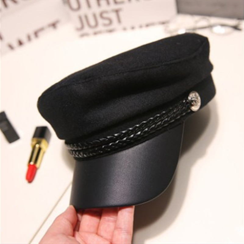 Fashion Unisex PU Leather Military Hat Autumn Sailor Hats for Women Men Black Grey Hats & Caps