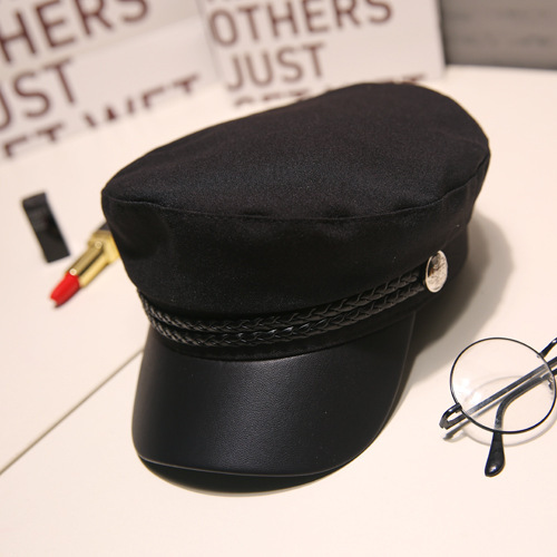 Fashion Unisex PU Leather Military Hat Autumn Sailor Hats for Women Men Black Grey Hats & Caps