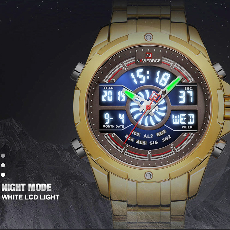 NAVIFORCE Luxury Men's Gold Watches Digital Chronograph Military Sport Quartz WristWatch Stainless Watches