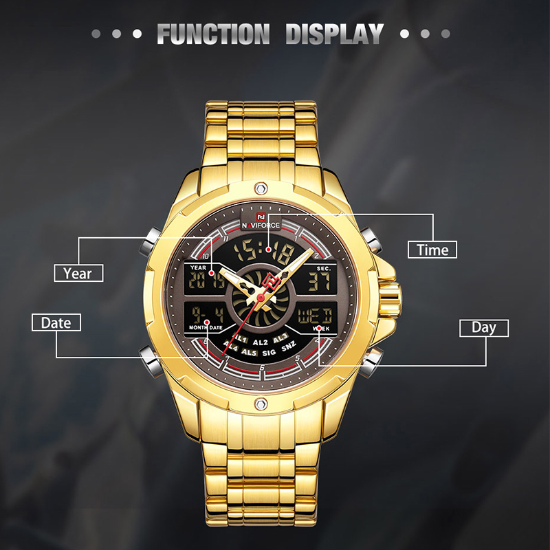 NAVIFORCE Luxury Men's Gold Watches Digital Chronograph Military Sport Quartz WristWatch Stainless Watches