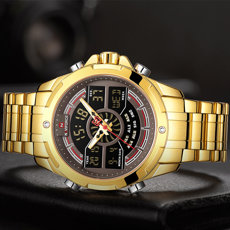 NAVIFORCE Luxury Men's Gold Watches Digital Chronograph Military Sport Quartz WristWatch Stainless Watches