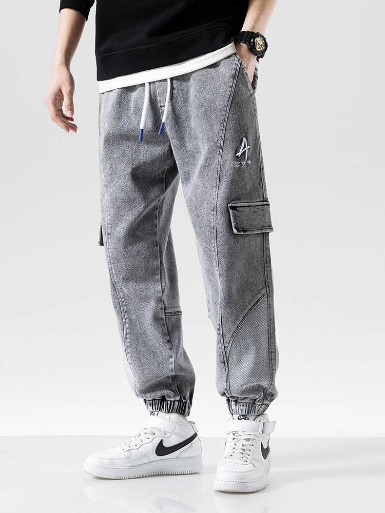 Spring Summer Black Blue Baggy Jeans Men Denim Cargo Pants Ankle Length Trousers
