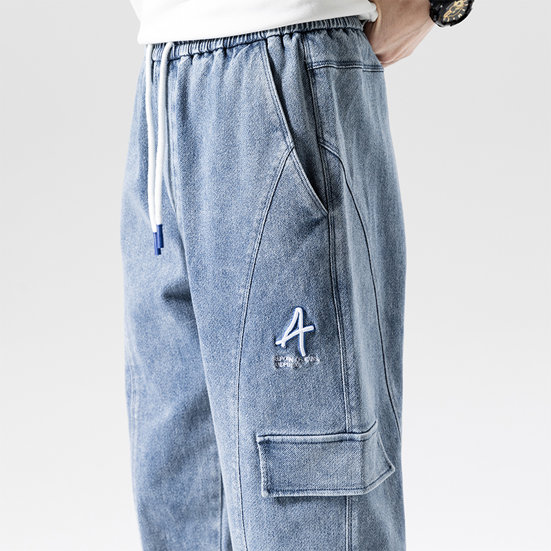 Spring Summer Black Blue Baggy Jeans Men Denim Cargo Pants Ankle Length Trousers