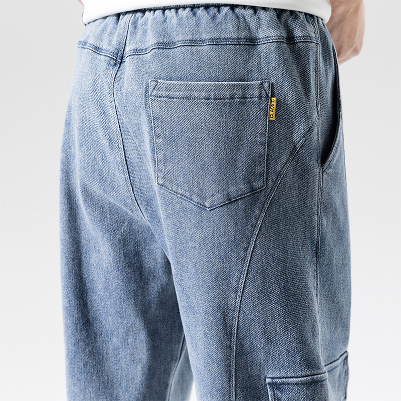 Spring Summer Black Blue Baggy Jeans Men Denim Cargo Pants Ankle Length Trousers