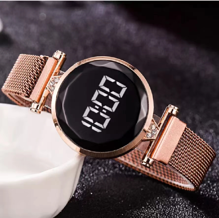 Luxury LED Watch Women Magnetic Bracelet Watches Rose Gold Digital Dress Quartz Women Watches gold one size The same style of fashionable and casual round LED for girls