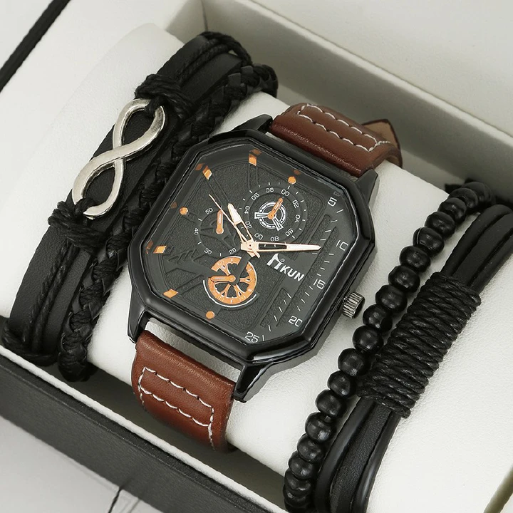 Quartz Watches Large Dial Fashion New Double Layer Square Shell Belt Casual Men's Sports Personality Bracelet Set Quartz Watch
