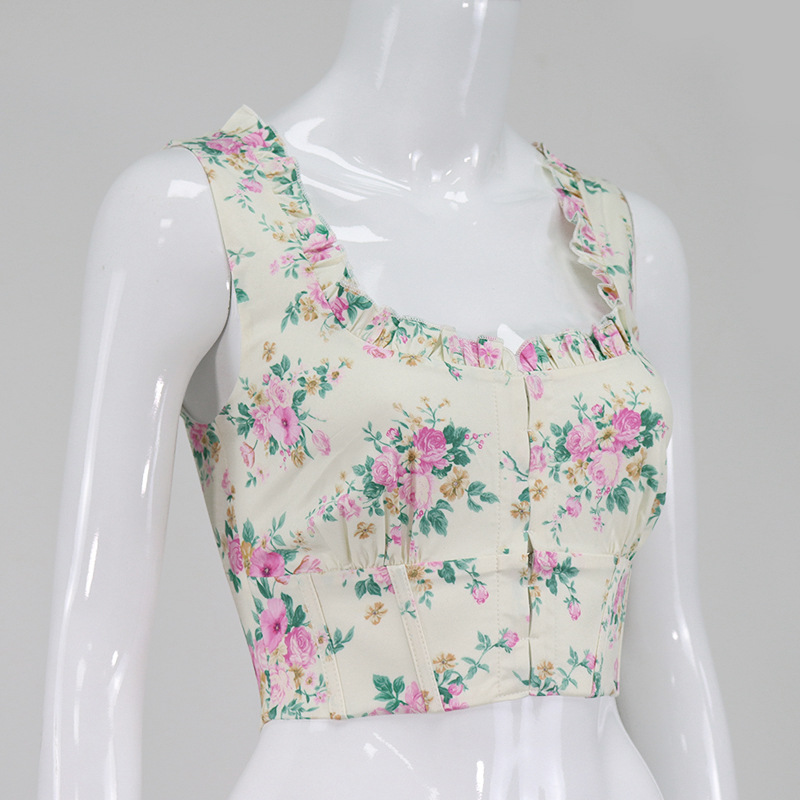 Women's summer new sexy fashion floral fungus edge square collar navel top short  Bustiers &amp; Corsets