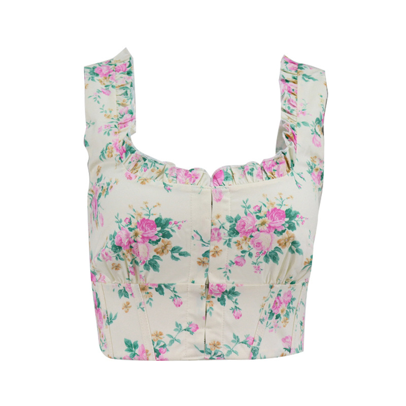 Women's summer new sexy fashion floral fungus edge square collar navel top short  Bustiers &amp; Corsets