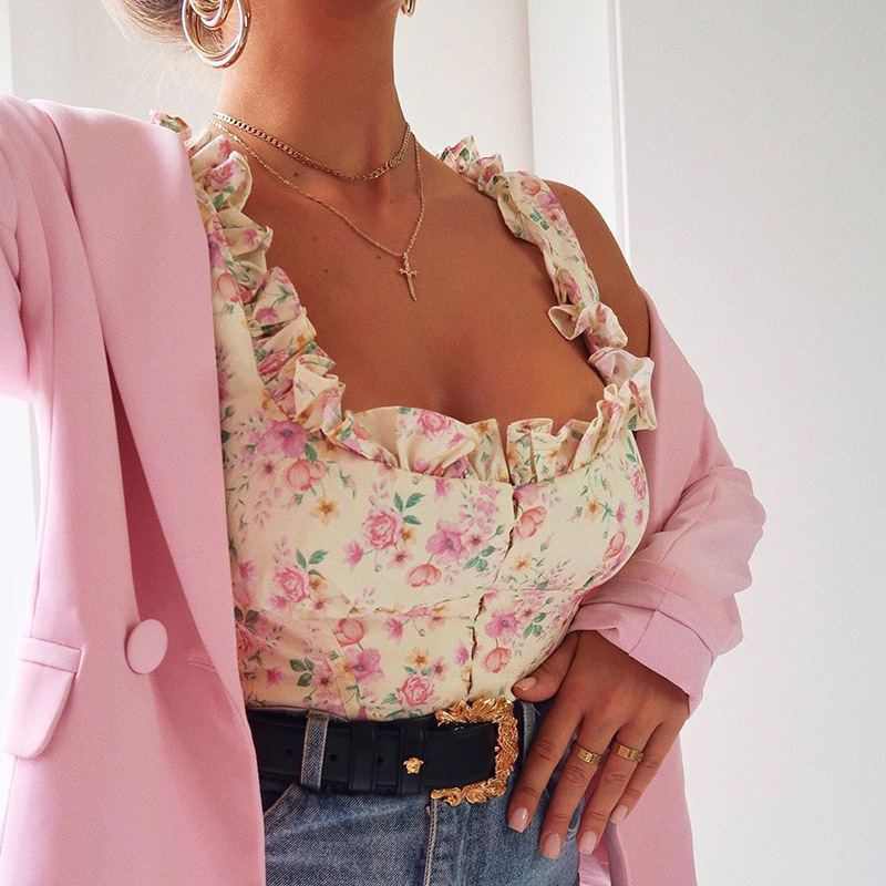 Women's summer new sexy fashion floral fungus edge square collar navel top short  Bustiers &amp; Corsets