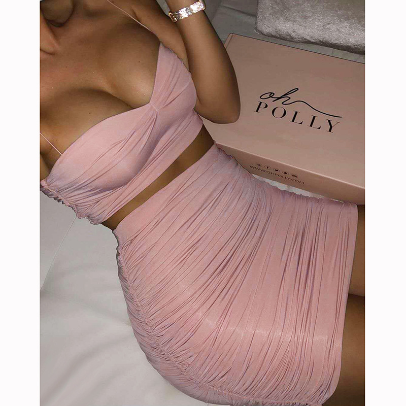 Pleated tight two piece Sling Dress Sexy Women's hip Skirts