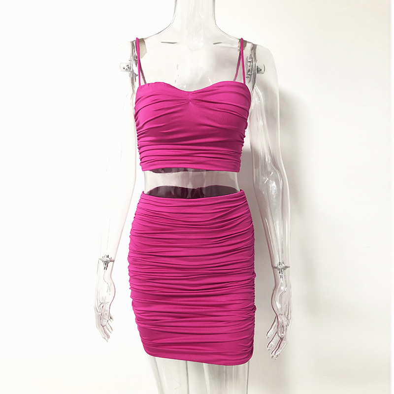 Pleated tight two piece Sling Dress Sexy Women's hip Skirts