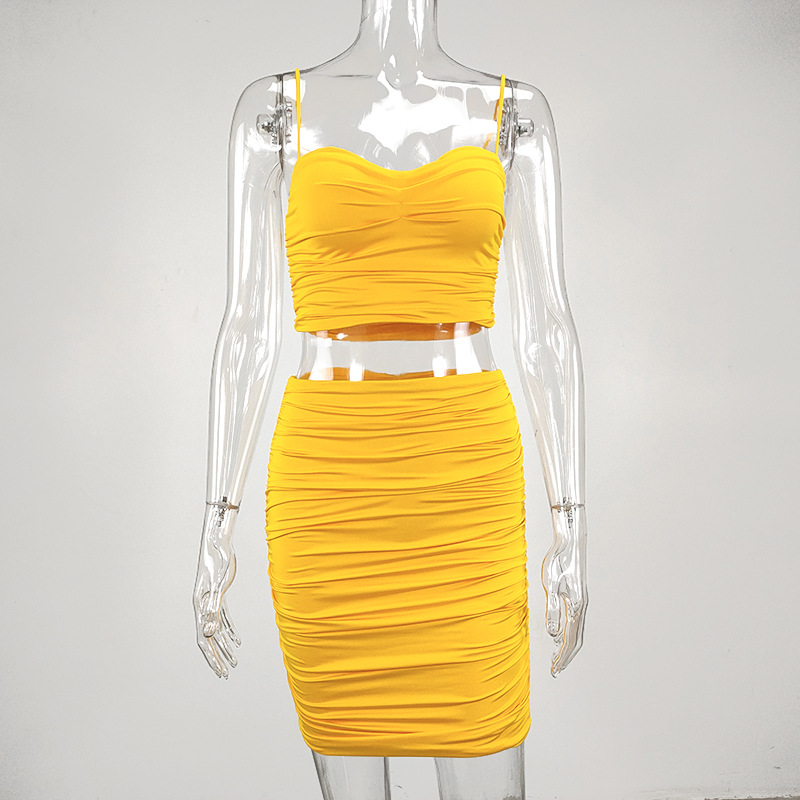 Pleated tight two piece Sling Dress Sexy Women's hip Skirts