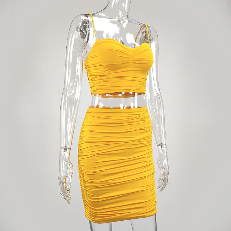 Pleated tight two piece Sling Dress Sexy Women's hip Skirts